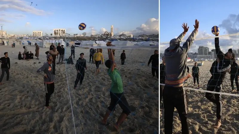 Gazze Kıyısında İftar Öncesi Voleybol Keyfi