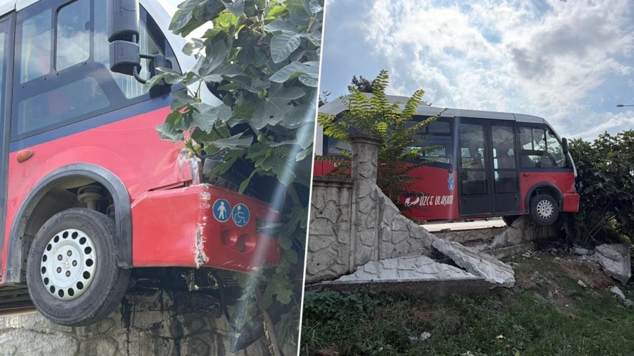 Düzce’de Köpeklere Çarpmamak İçin Manevra Yapan Otobüs Bahçeye Girdi